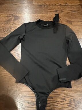 Freddy Black Long-Sleeve Bodysuit with Neck Tie